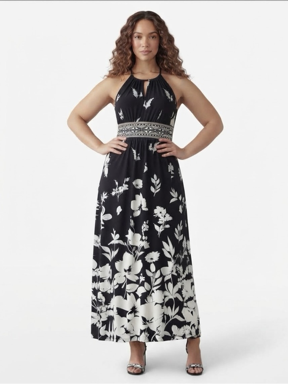 London Times Floral Print Sleeveless Maxi Halter Dress